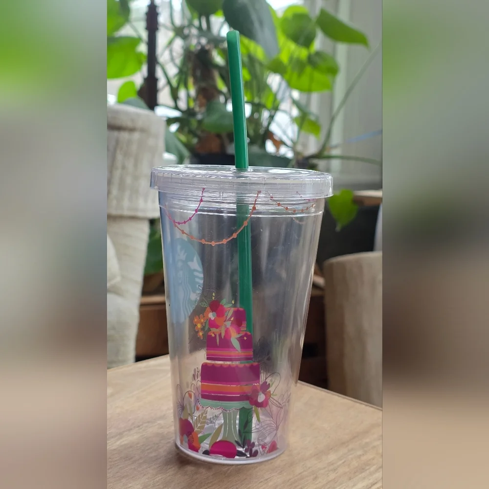Starbucks Pink & Green Reusable Cold Cup with Straw‎